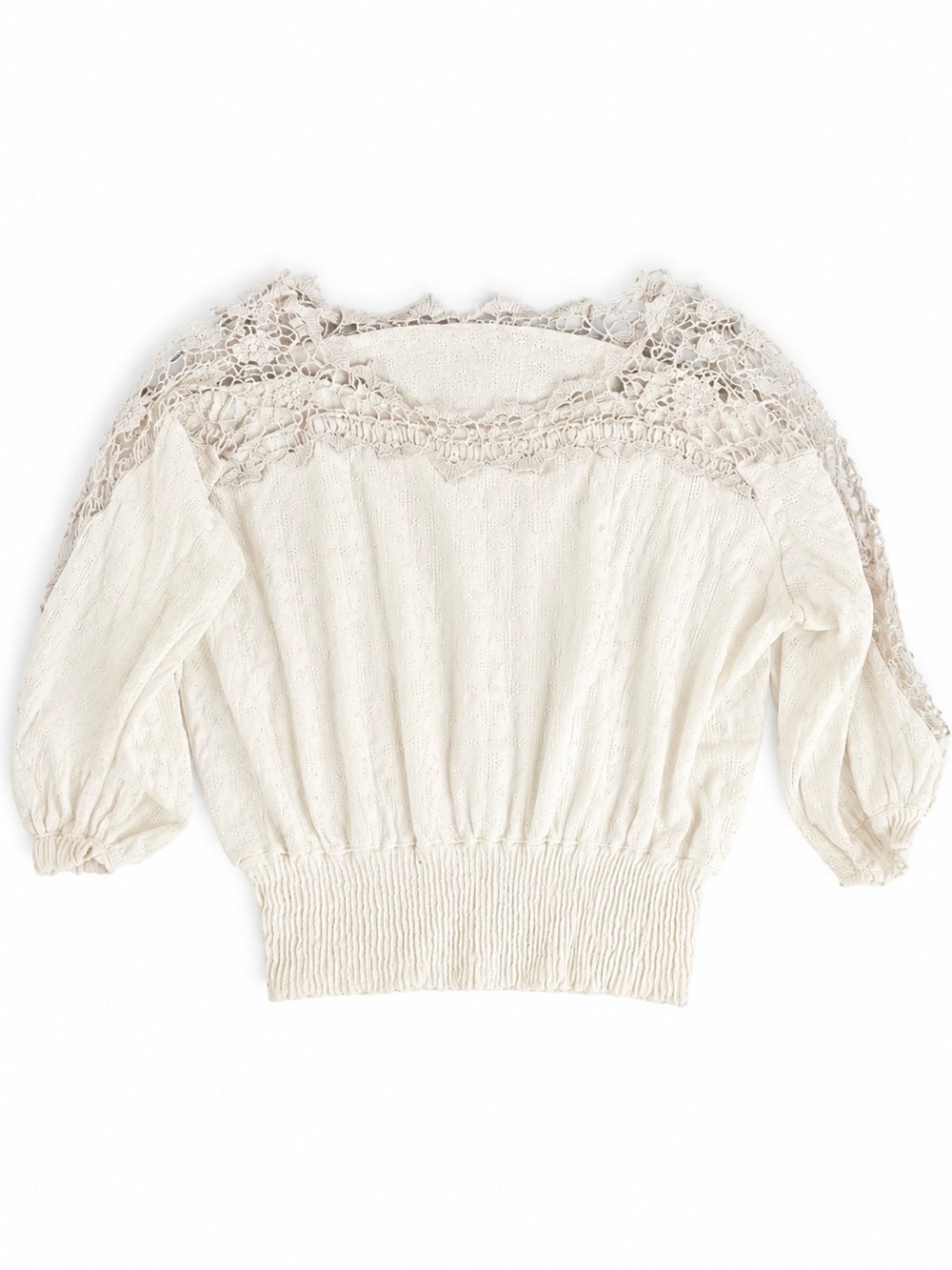 Free People Cream Crochet Yoke Smocked Waist Top